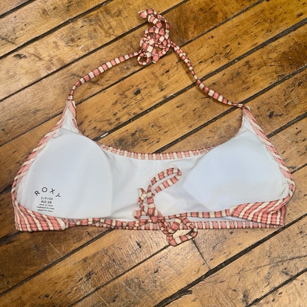 Roxy Womens Small Striped Ribbed Halter Bikini Top Terracotta Cream Swimwear - Picture 3 of 4